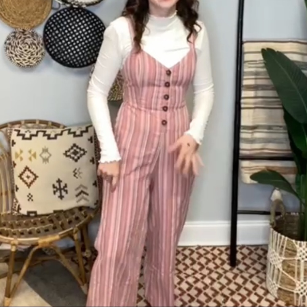 NWT Hem & Thread 100% Cotton Boho Jumpsuit | Tie Back | Pink Striped